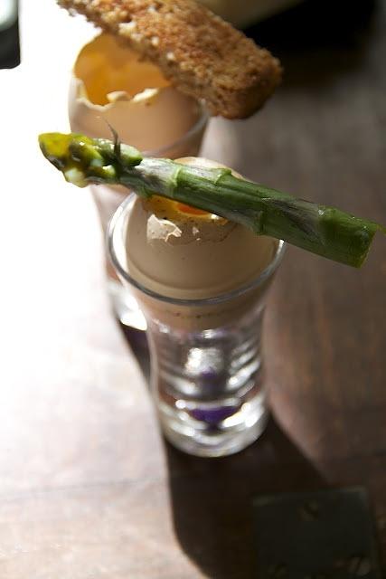 Soft boiled eggs with toast and asparagus