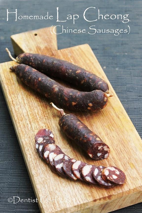 Homemade chinese sausage lap cheong or dry cured pork sausage