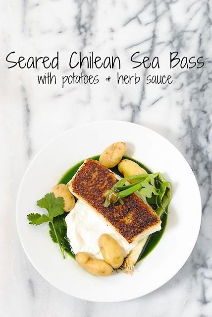 Seared chilean sea bass with potatoes and herb sauce