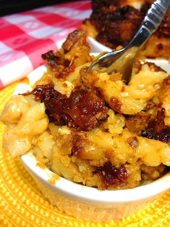 Chipotle gouda and guinness mac and cheese with vegan pulled chicken in chipotle apricot bbq sauce