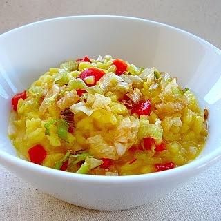 Saffron Risotto with Red Pepper and Crispy Leeks