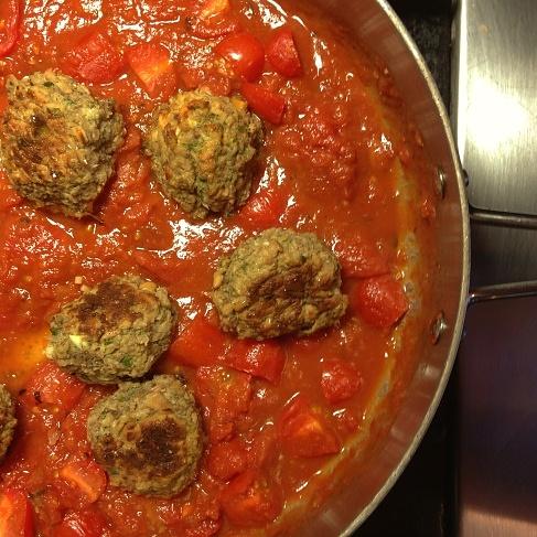 Vegetarian cannellini and garbanzo bean faux meatballs with gluten-free spaghetti