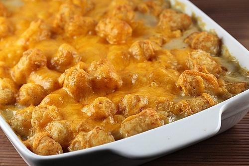 Tater Tot casserole with beef, cheese, and chicken soup