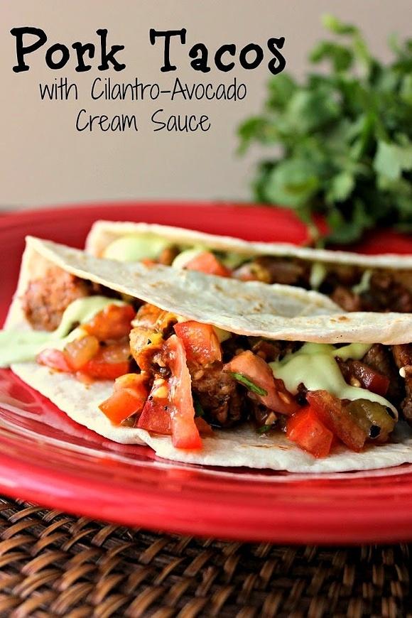 Pork Tacos with Cilantro-Avocado Cream Sauce
