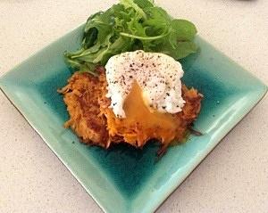 Sweet potato rostis with poached eggs