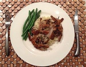 Rosemary quail with cauliflower mash and green beans