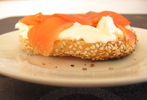 Montreal breakfast with bagel, cream cheese and smoked salmon