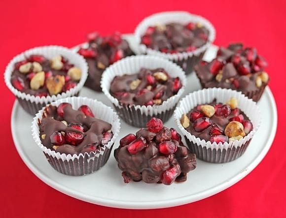 Valentine’s day dark chocolate walnut pomegranate clusters