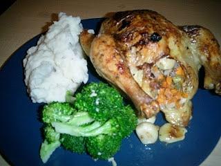 Cornish Game Hens with Mashed Potatoes and Garlic Broccoli
