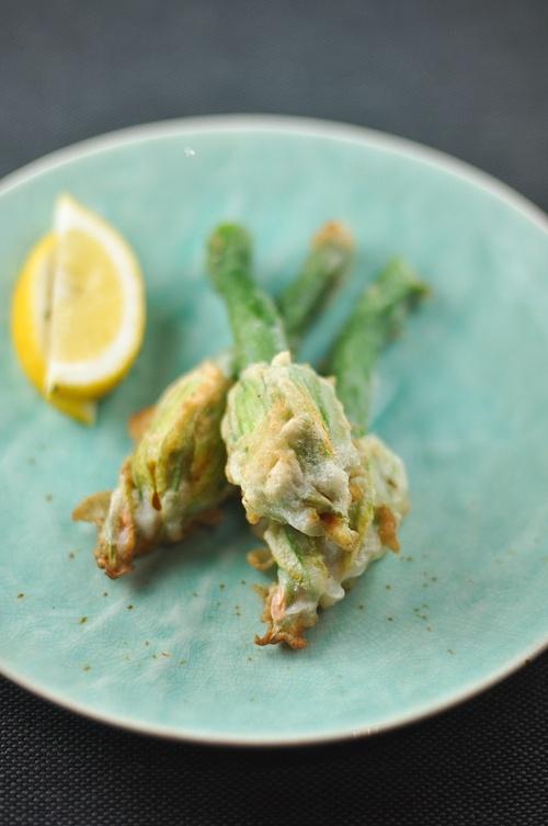 Zucchini flowers filled with ricotta, herbs and pine nuts
