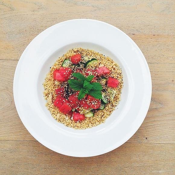 Watermelon and cucumber salad with poppy seeds and mint