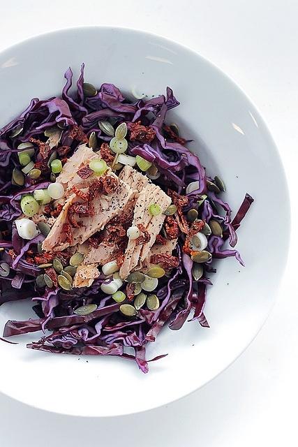 Red cabbage tuna and sun dried tomatoes salad