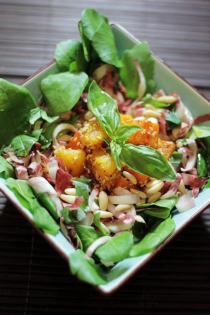 Red chicory, roasted butternut squash and mixed leaves