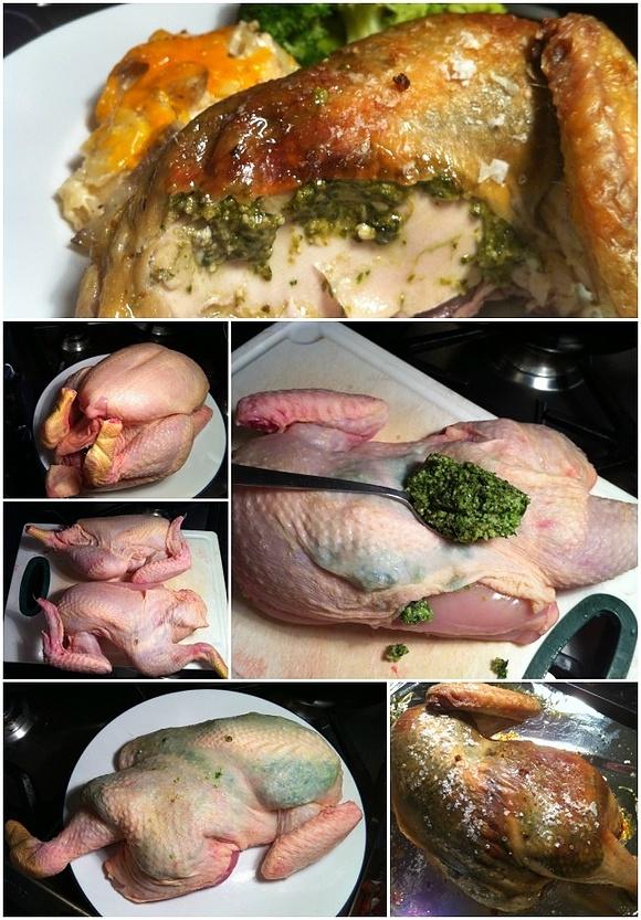 Half roast chicken with pesto stuffing