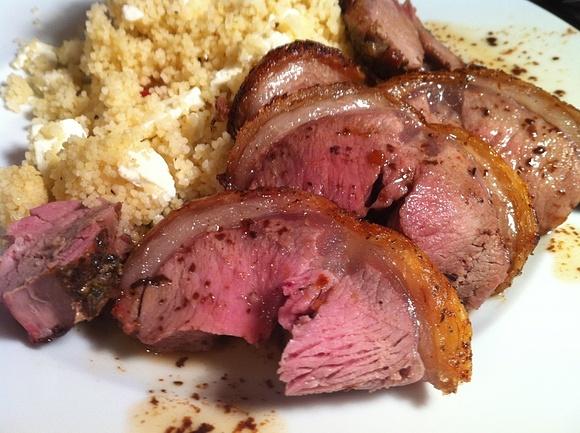 Roast loin of lamb with feta and chilli couscous