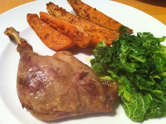 Confit duck legs with spiced sweet potato wedges