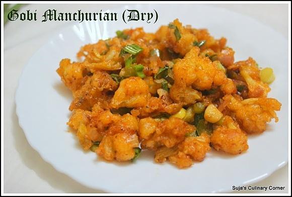 Gobi manchurian dry crispy cauliflower florets in a mildly hot sauce