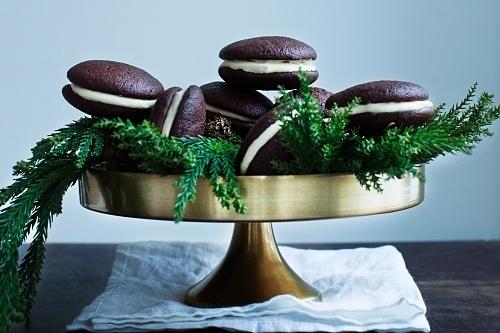 Chocolate whoopie pies with rosemary orange custard