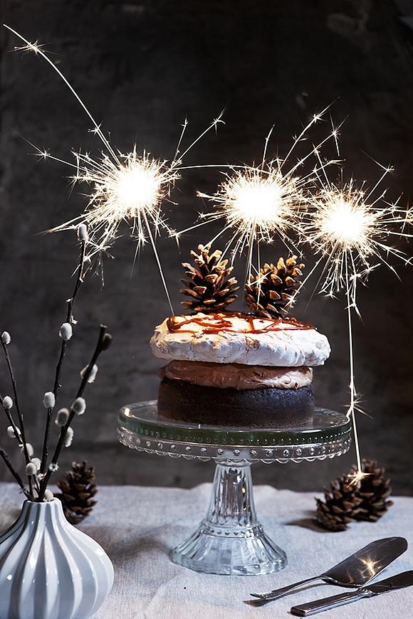 Elegant chocolate cake with salted caramel for new year's eve