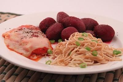 Beet and chicken swiss with noodles and sesame oil