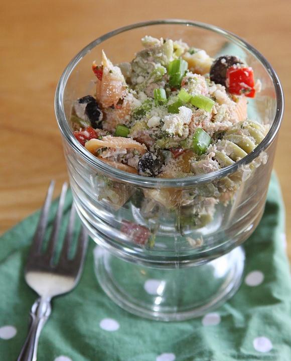 Parmesan Tuna and Veggie Pasta Salad with Greek Yogurt Dressing