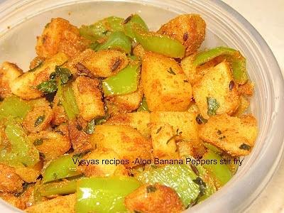 Banana peppers and potato stir fry - aloo mirchi ki subzi