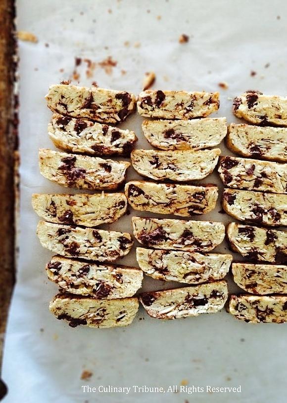 Chocolate almond biscotti with semi-sweet chocolate and roasted almonds