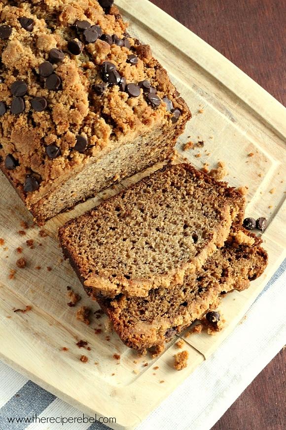 Peanut butter chocolate chip banana bread with streusel