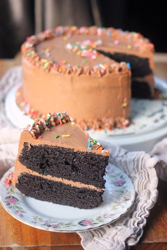 Moist chocolate cake with swiss meringue buttercream