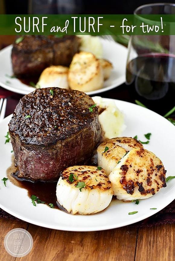 Surf and turf for two with sea scallops and filet mignon