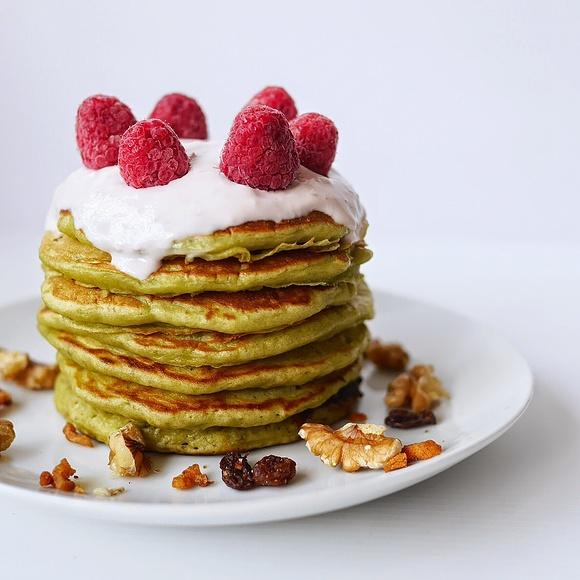 Matcha Raspberry Coconut Pancakes