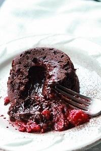 Nutella chocolate lava cake with muddled champagne raspberries