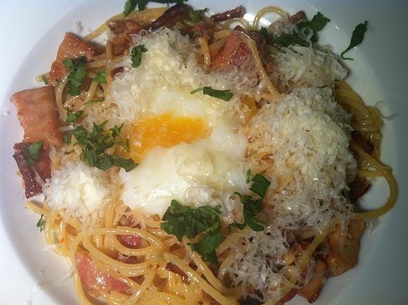 Sous Vide Poached Egg and Smoked Bacon Carbonara