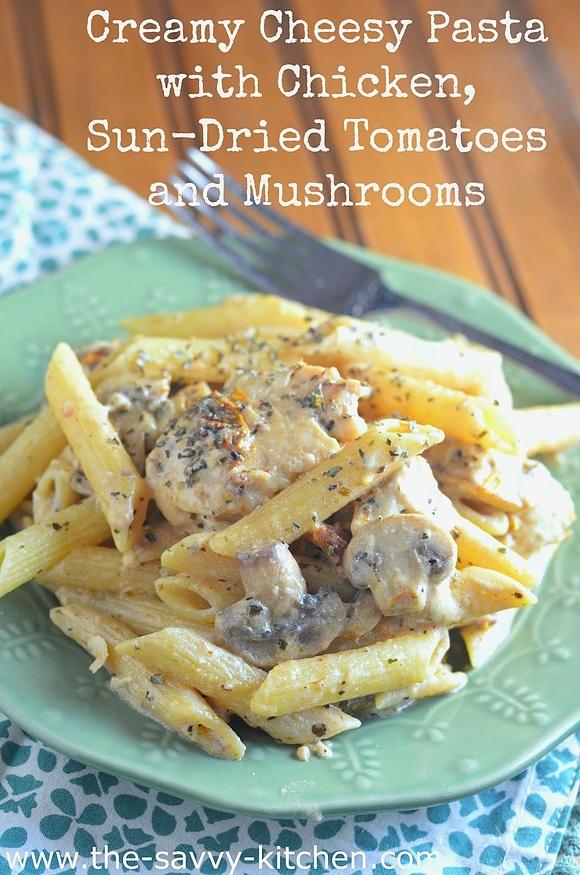 Creamy cheese pasta with chicken sun-dried tomatoes and mushrooms