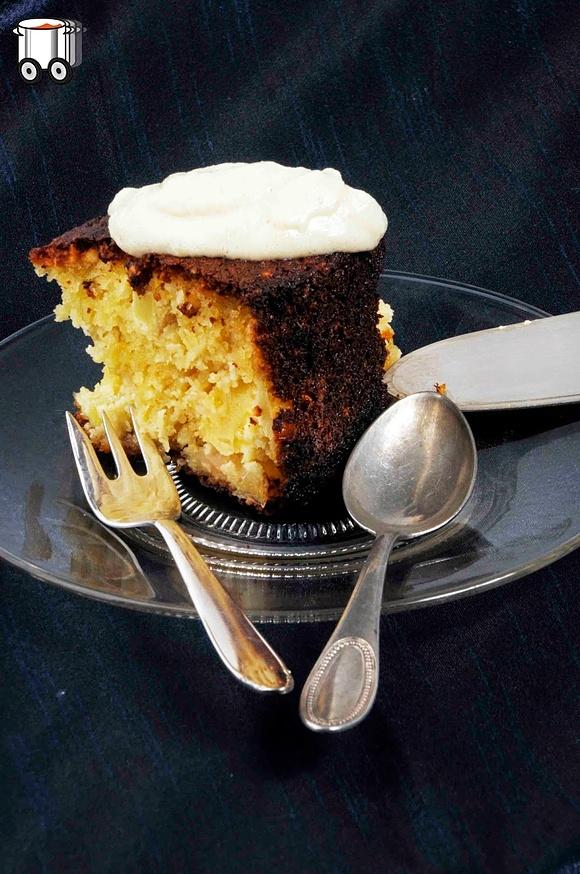 Apple marzipan cake with almonds and marzipan sauce, gluten-free, lactose-free