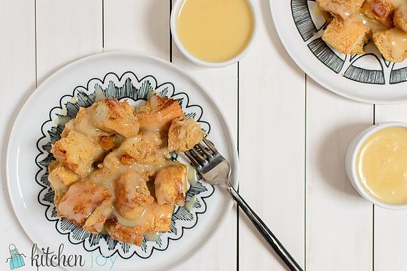 Bread pudding with warm vanilla sauce