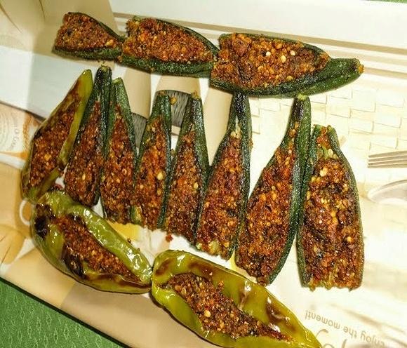 Bharli bhindi and mirchi - stuffed okra and chilli recipe