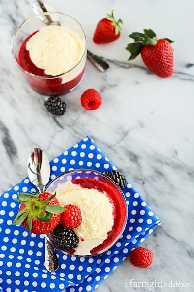 Crème Fraîche Ice Cream with Triple Berry Sauce