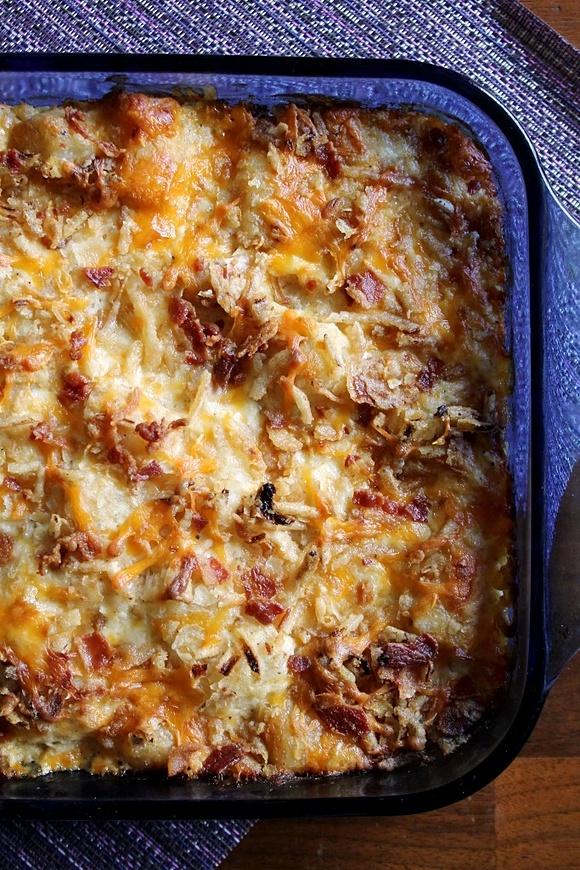 Cheesy tater tot casserole with bacon and french fried onions