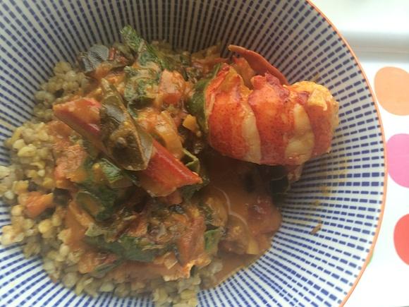 Lobster and chard coconut curry with lemon cumin grains