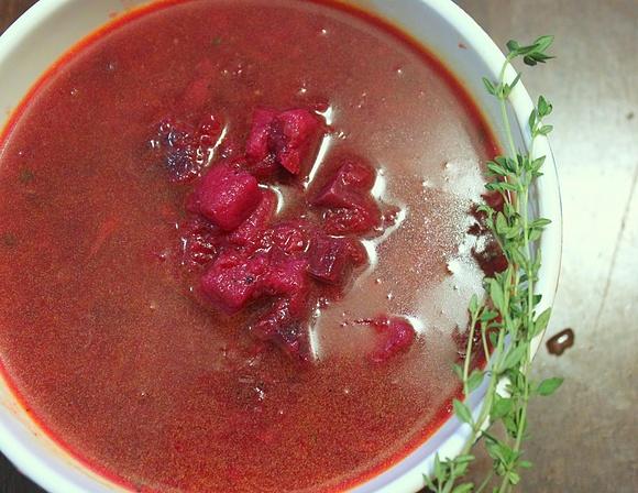 Borscht ukrainian beet soup with vegetables and thyme