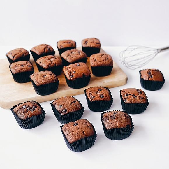 Double chocolate muffins with matcha and salted egg yolk filling