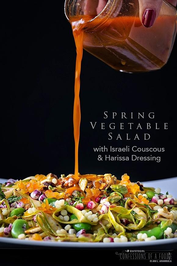 Spring Vegetable Salad with Israeli Couscous and Harissa Dressing