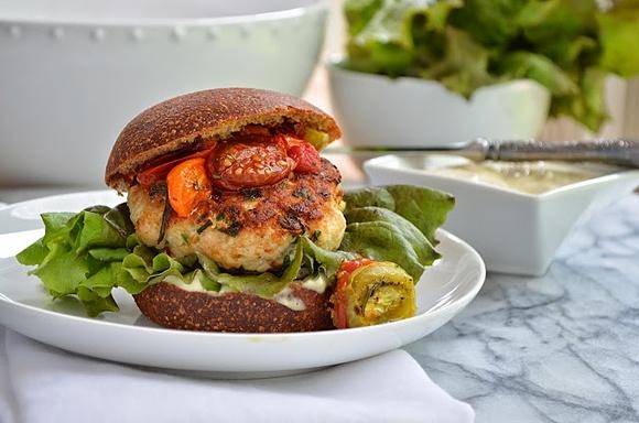 Herb Turkey Burgers with Tofu Mayo and Roasted Tomatoes