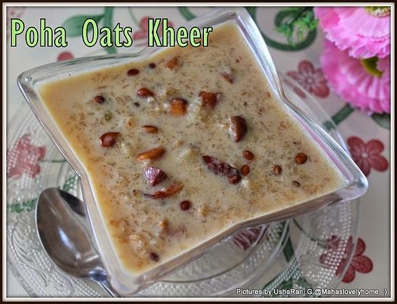 Rice flakes oatmeal kheer | poha oats jaggery pudding | indian style flattened rice milk dessert
