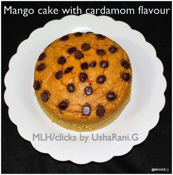 Egg-free sugar-free mango cake with cardamom and chocolate chips
