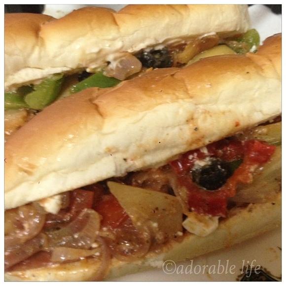Long bread mortadella and vegetable sandwich