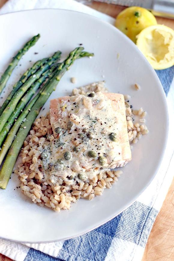 Garlic Poached Salmon with Creamy Lemon Caper Sauce