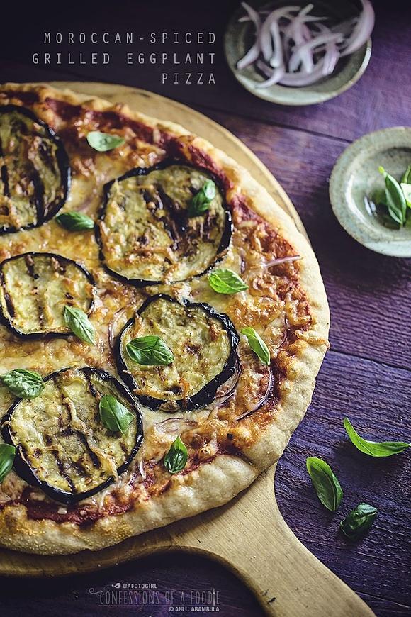 Moroccan-spiced grilled eggplant and red onion pizza