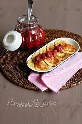Banana pancakes with strawberry compote